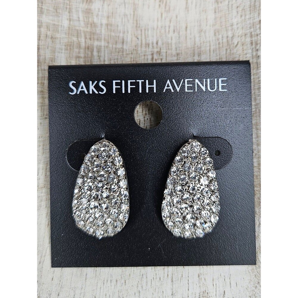 Saks Fifth Avenue Silver Pavé Crystal Teardrop Earrings NWT Rhinestone Statement
